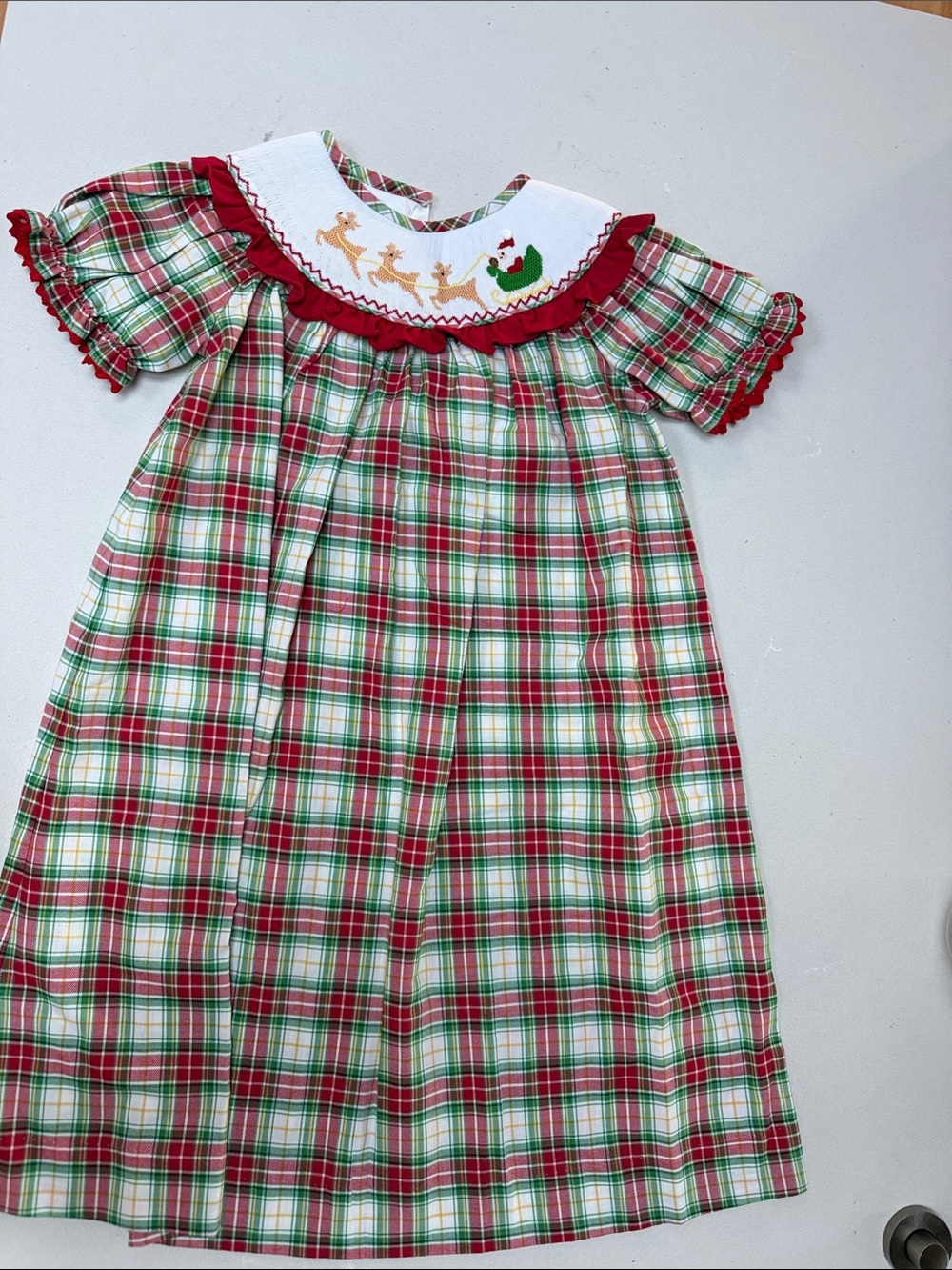 Holiday Plaid Dress with Embroidered Yoke - Red & Green